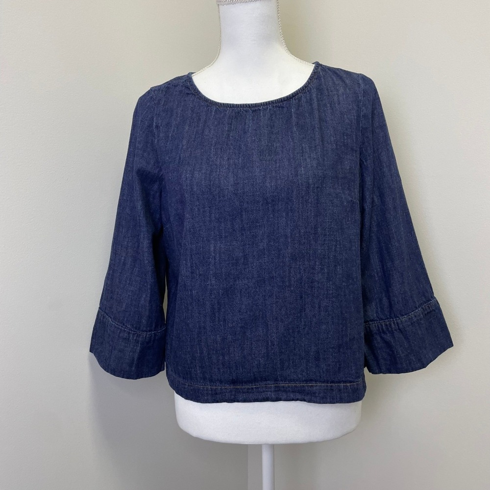 Liz Claiborne Denim Blouse Indigo Blue 3/4 Sleeve Keyhole Back Top Womens Medium